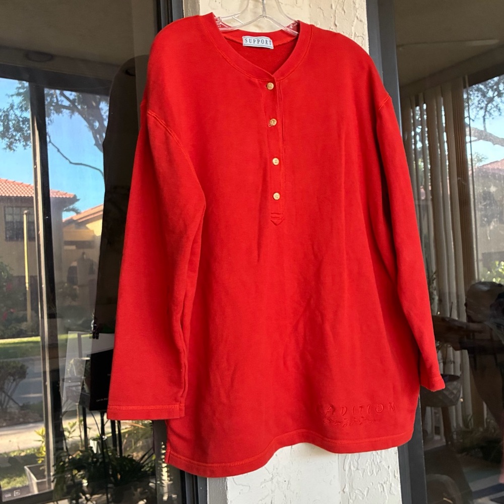 VTG 90s Madison Sport Tradition Red Henley Shirt Size Large 100% Cotton